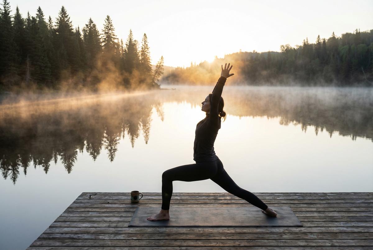 Personne faisant du yoga face au soleil levant dans un parc urbain.