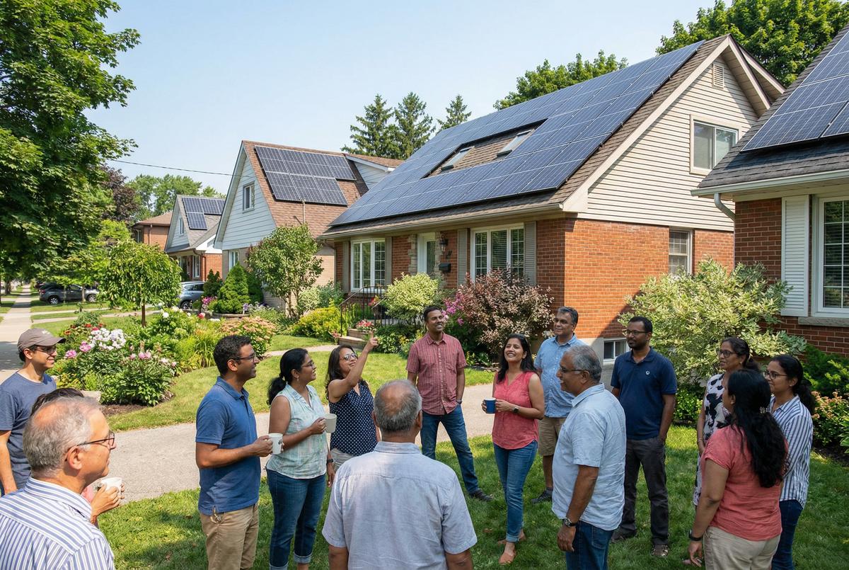 Panneaux solaires communautaires installés dans un quartier résidentiel canadien