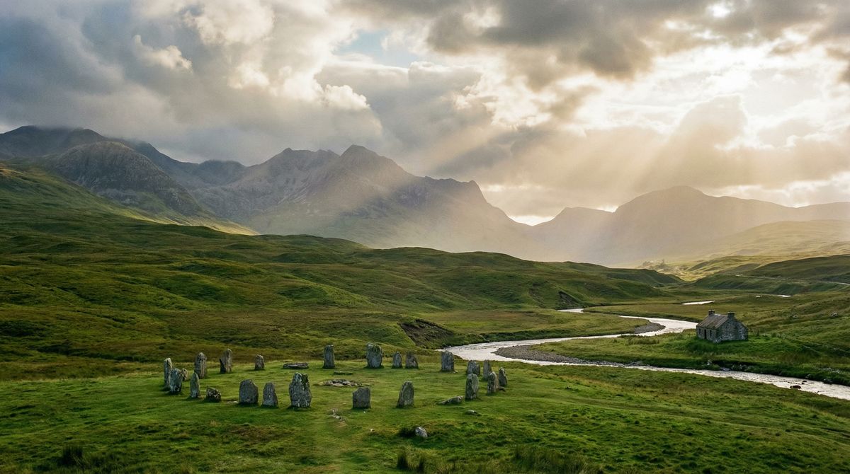 Paysage des Highlands écossaises au coucher du soleil avec cercle de pierres anciennes