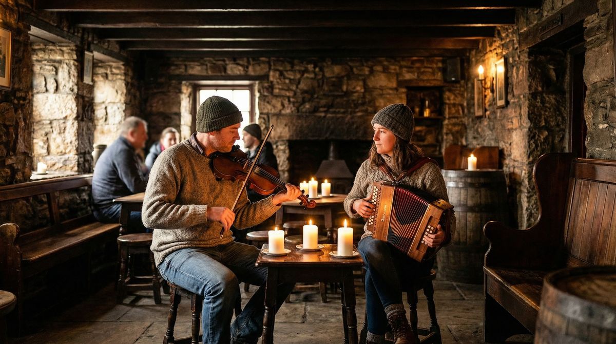 Musiciens celtiques jouant du violon et de la harpe dans un pub irlandais traditionnel
