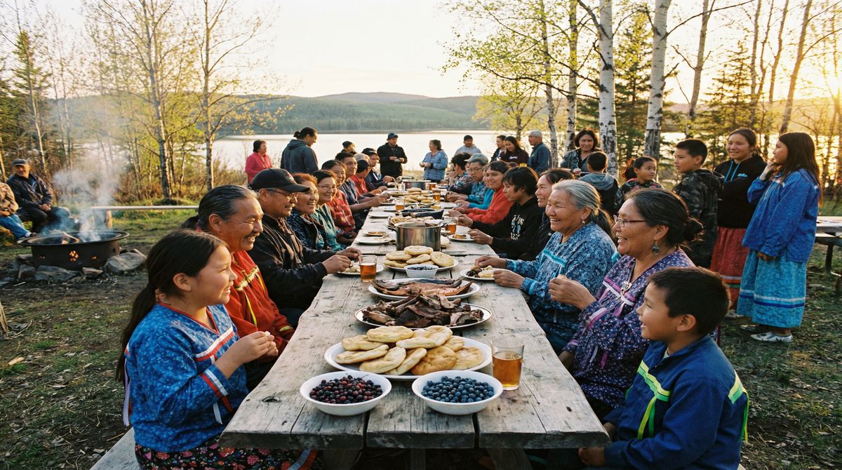 Festin communautaire autochtone réunissant les générations autour de la table
