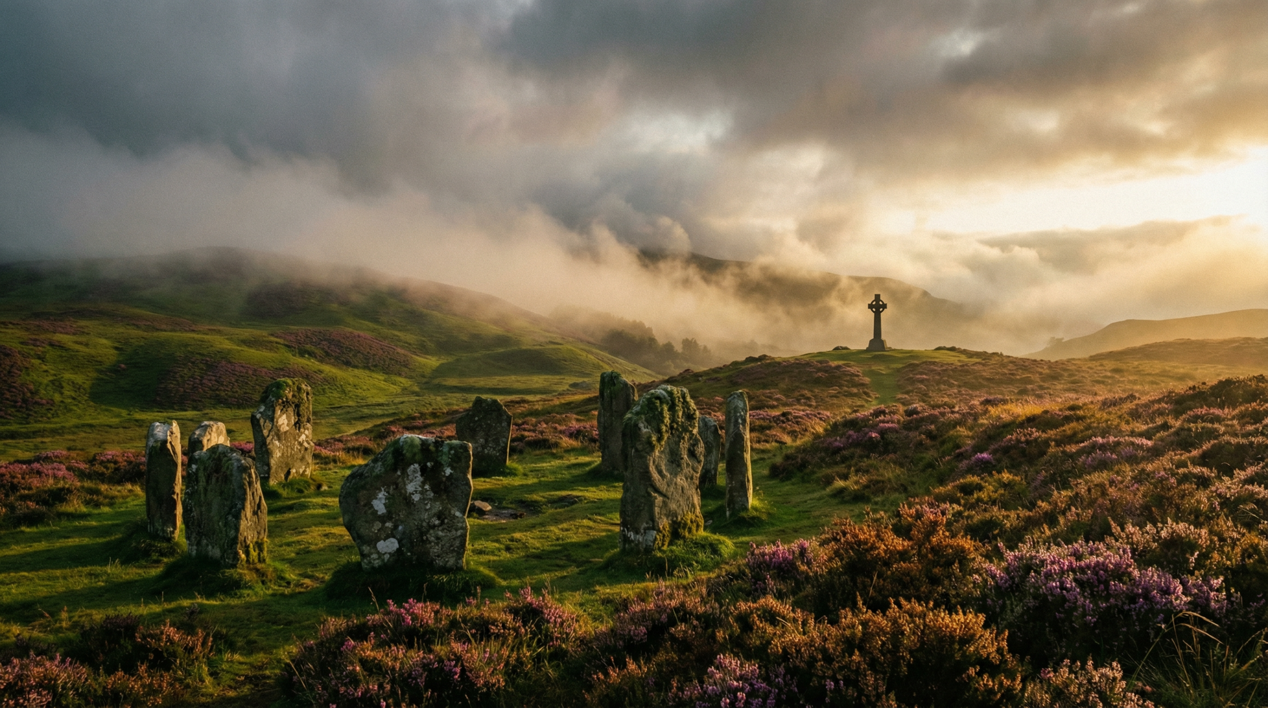 Paisaje de las Tierras Altas escocesas al atardecer con círculo de piedras antiguas