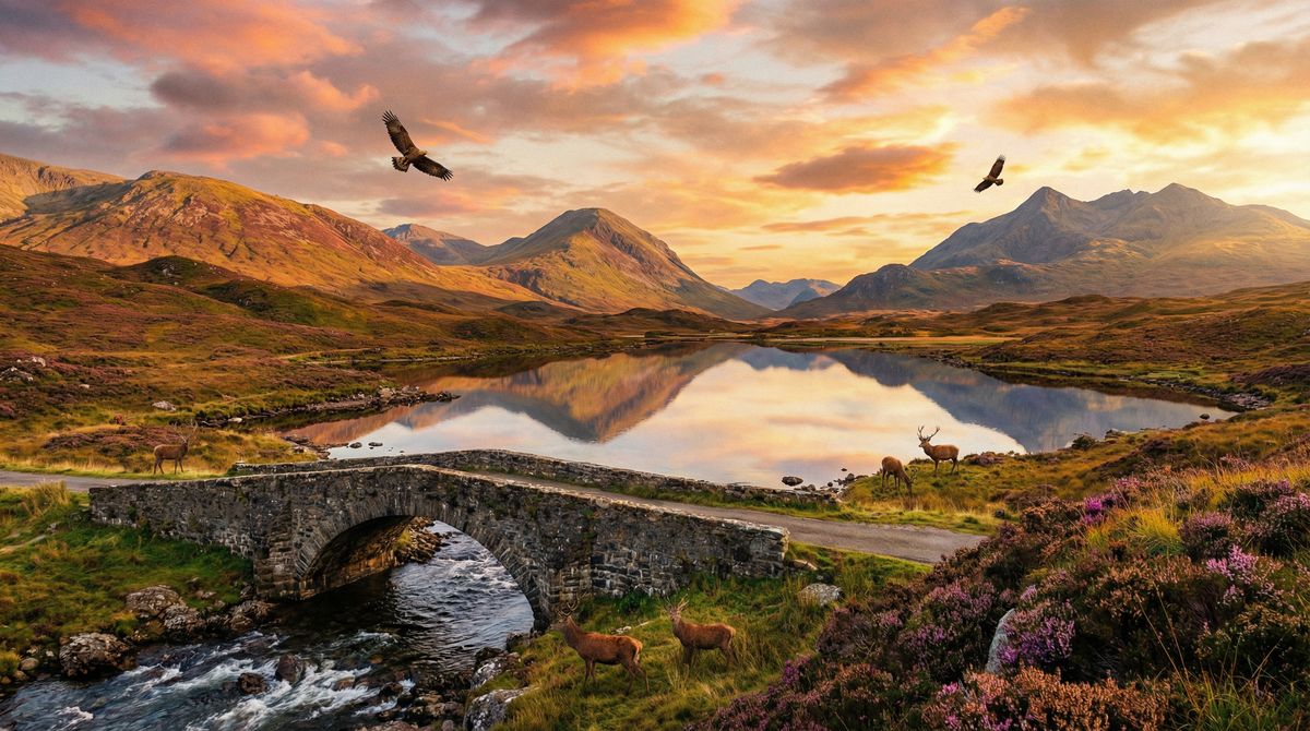 Paisaje de las Tierras Altas escocesas al atardecer con círculo de piedras antiguas