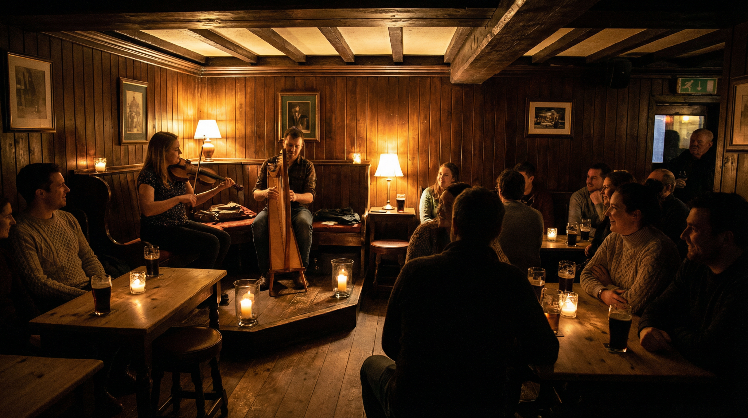 Músicos celtas tocando violín y arpa en un pub irlandés tradicional