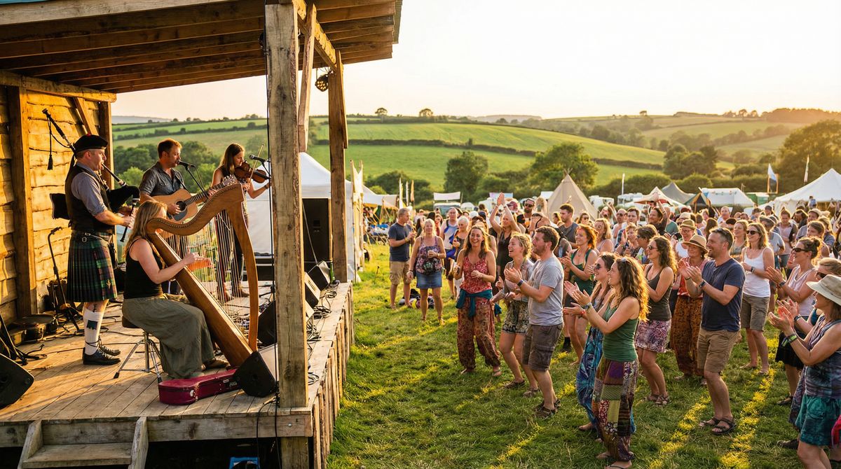 Músicos celtas tocando violín y arpa en un pub irlandés tradicional